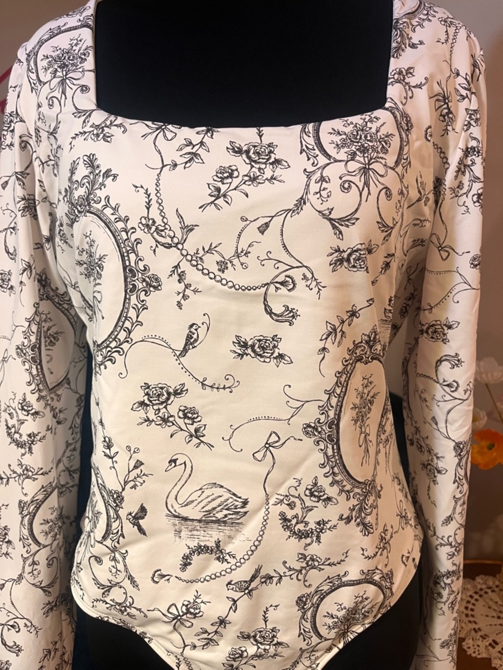 Francesca's Collections Ivory & Chocolate Toile Square-Neck Long-Sleeve Bodysuit - Picture 2 of 11